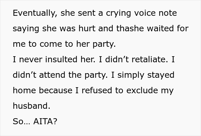 Text excerpt discussing refusal to exclude husband from engagement party, causing tension between woman and best friend.