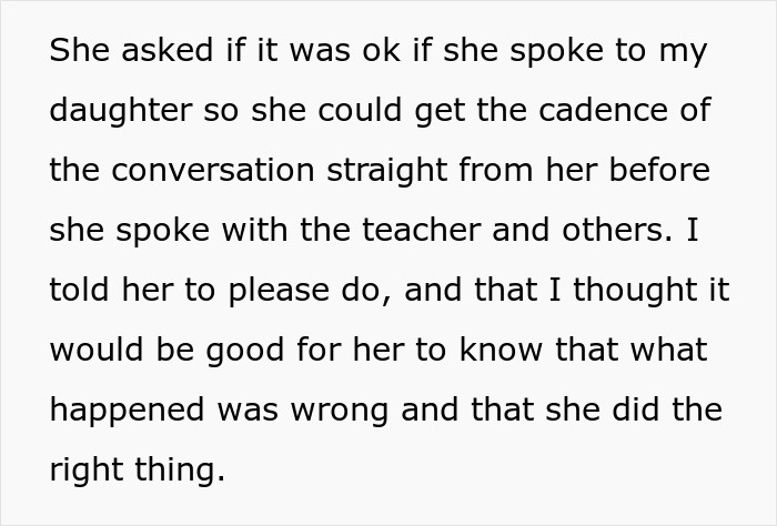 Text excerpt showing a mother supporting her daughter after teacher ignores the daughter’s emergency situation. Text excerpt showing a mother supporting her daughter after teacher ignores the daughter’s emergency situation.
