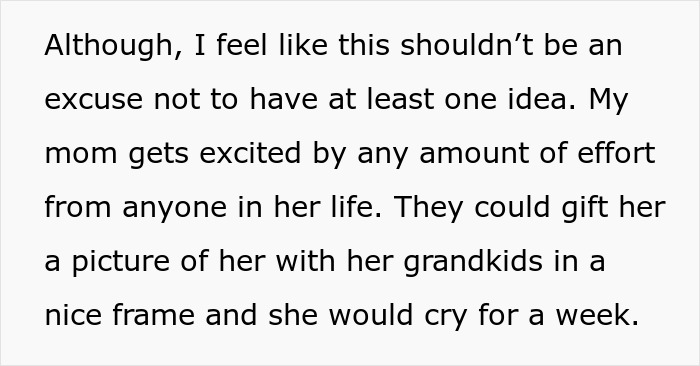 Text excerpt about brothers too broke to pitch in for mom’s birthday gift and sister taking mom out for dinner instead.