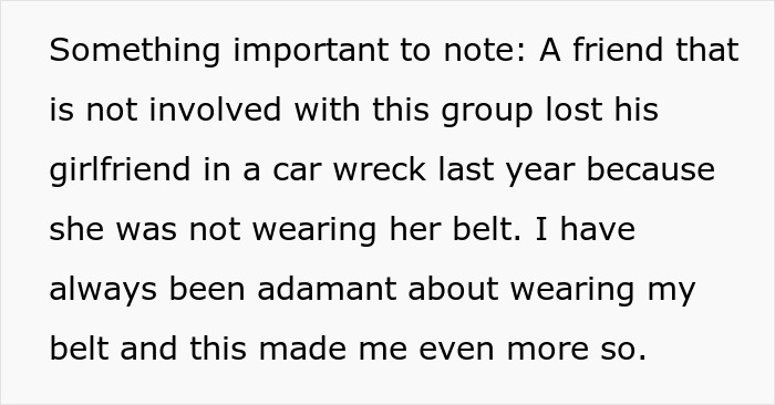Text explaining a woman refusing to drive until all friends buckle seat belts due to a past car wreck loss.