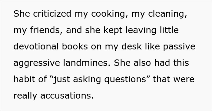 Text describing religious mom's guilt trips and biblical sermons after adult son says no to her moving in. Text describing religious mom's guilt trips and biblical sermons after adult son says no to her moving in.