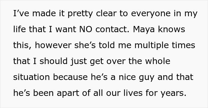 Text excerpt discussing a woman wanting no contact and conflict over her sister organizing a party with her ex invited. Text excerpt discussing a woman wanting no contact and conflict over her sister organizing a party with her ex invited.