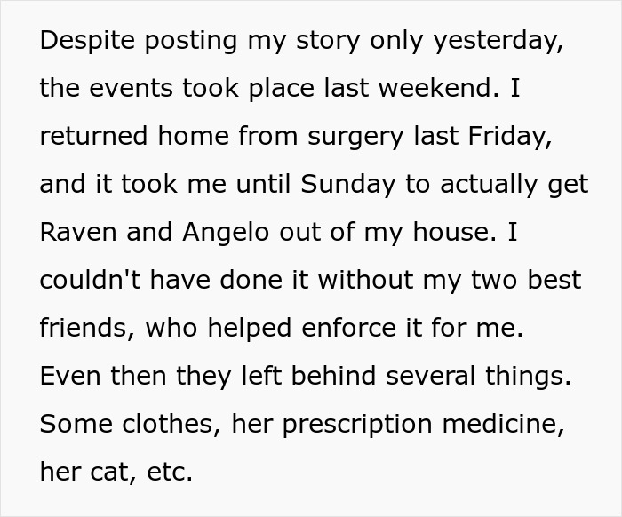 Text describing surgery recovery, friend overstaying, and a filthy house and car driven 1,100 miles.