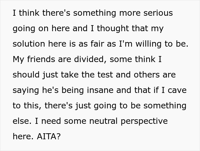 Text excerpt from a man seeking neutral perspective on demanding paternity test for 3-year-old son. Text excerpt from a man seeking neutral perspective on demanding paternity test for 3-year-old son.