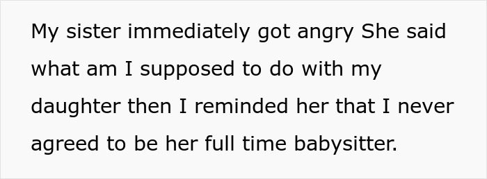 Text excerpt showing a woman refusing to be a full-time babysitter after family pressures to be a free nanny. Text excerpt showing a woman refusing to be a full-time babysitter after family pressures to be a free nanny.