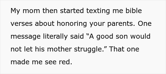 Text message about honoring parents with Bible verses, part of religious mom guilt trips to adult son refusing move-in. Text message about honoring parents with Bible verses, part of religious mom guilt trips to adult son refusing move-in.
