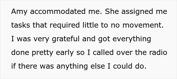 Text excerpt describing a coworker assigning low-movement tasks and expressing gratitude for accommodations after work.
