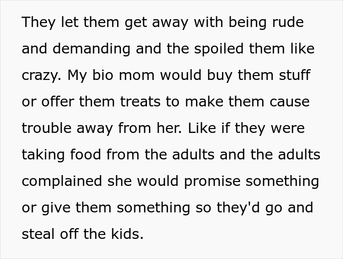 Text excerpt discussing a bio mom spoiling children and causing trouble, related to teen refusing to live with bio parents. Text excerpt discussing a bio mom spoiling children and causing trouble, related to teen refusing to live with bio parents.