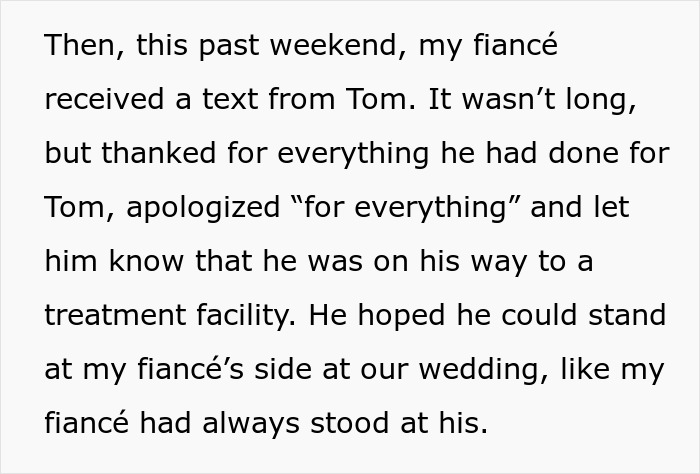 Text excerpt describing a fiancé receiving a message about a wedding, friend, and money-related apology. Text excerpt describing a fiancé receiving a message about a wedding, friend, and money-related apology.