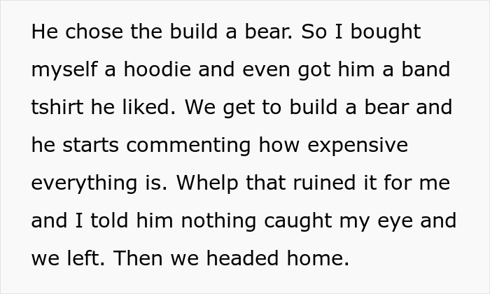 Text excerpt showing a woman reflecting on mismatched relationship energy with her boyfriend during a build-a-bear outing.