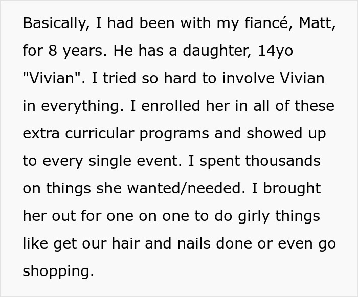 Text describing a woman&rsquo;s effort to involve her fianc&eacute;&rsquo;s daughter in activities, reflecting on relationship challenges.