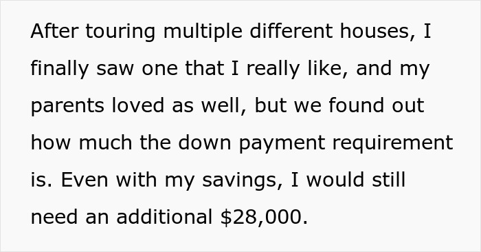 Text about needing an extra $28,000 down payment, parents house payment concern