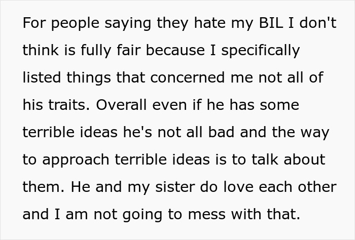 Text on a white background about concern for brother-in-law with mention of sister who is a tradwife, reflecting worry and secret support.