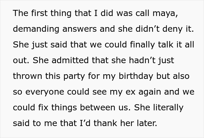 Text from a woman explaining how her sister organized a birthday party to confront her ex and fix things between them. Text from a woman explaining how her sister organized a birthday party to confront her ex and fix things between them.