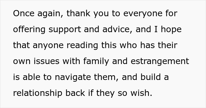 Text expressing gratitude for support and advice while discussing family estrangement and rebuilding relationships.