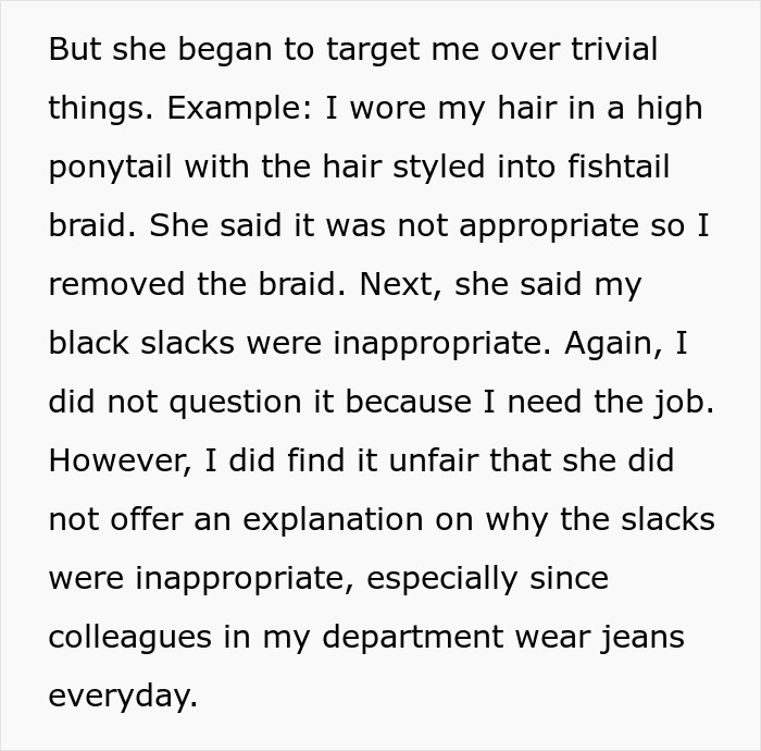 Excerpt describing a bullied employee nitpicked daily by boss over trivial things, including attire and hairstyle.