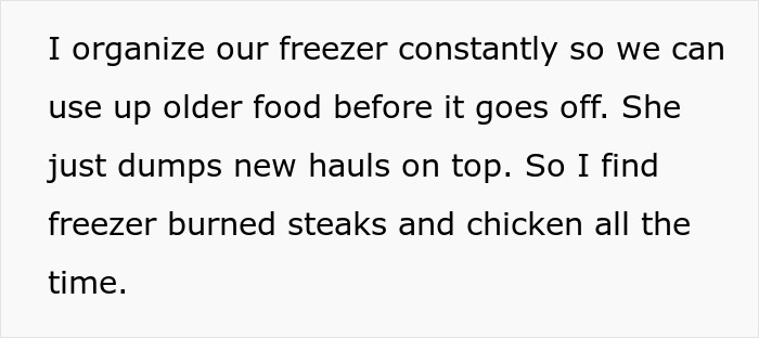Text excerpt discussing freezer organization issues, illustrating a wife furious after husband embarrasses her in front of her parents. Text excerpt discussing freezer organization issues, illustrating a wife furious after husband embarrasses her in front of her parents.