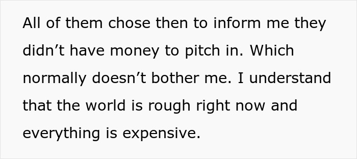 Text excerpt discussing bros too broke to pitch in for a mom’s birthday gift, with sister taking her out for dinner instead. Text excerpt discussing bros too broke to pitch in for a mom’s birthday gift, with sister taking her out for dinner instead.