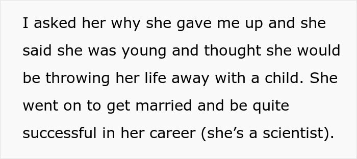 Excerpt about bio mom explaining why she gave up child, mentioning youth, career success, and being a scientist. Excerpt about bio mom explaining why she gave up child, mentioning youth, career success, and being a scientist.