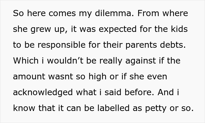 Text excerpt showing a mom in $37K debt frustrated as daughter refuses to sell inherited home to help with debt repayment.