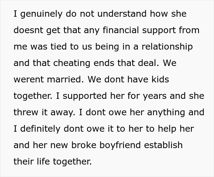 Text excerpt discussing an unemployed woman cheating on boyfriend and asking her ex to fund her life with a jobless man.
