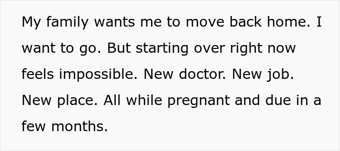Text on a white background expressing feelings about moving back home while pregnant, facing new challenges with doctor, job, and place.