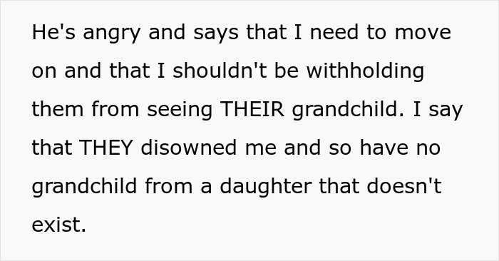 Text excerpt showing a woman refusing to let parents see her baby due to a past family conflict from 15 years ago. Text excerpt showing a woman refusing to let parents see her baby due to a past family conflict from 15 years ago.