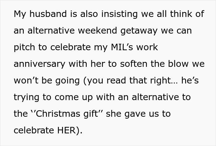 Screenshot of text showing a daughter-in-law sick of overbearing MIL making plans without her knowledge. Screenshot of text showing a daughter-in-law sick of overbearing MIL making plans without her knowledge.