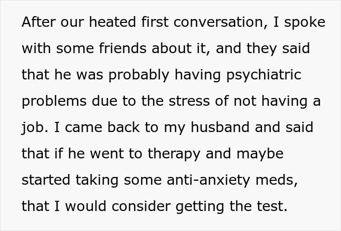 Text from a wife explaining her husband&rsquo;s psychiatric issues and suggesting therapy before agreeing to a paternity test for their son.