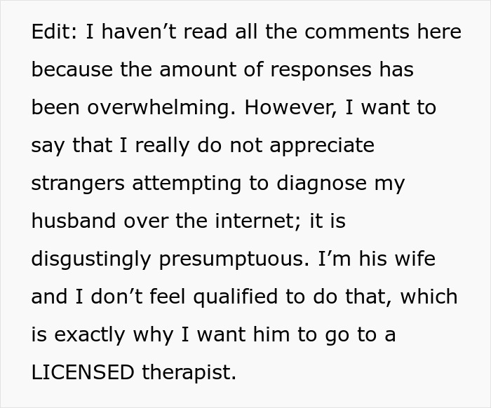 Text post discussing a wife wanting her husband to see a licensed therapist amid paternity test demands for their 3-year-old son. Text post discussing a wife wanting her husband to see a licensed therapist amid paternity test demands for their 3-year-old son.