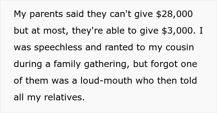 Text screenshot about parents house payment dispute: asked $28,000, parents offer $3,000, family reaction. Text screenshot about parents house payment dispute: asked $28,000, parents offer $3,000, family reaction.