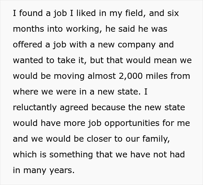 Text excerpt about woman reluctantly moving for husband's career after finding a job in her field and family reasons.
