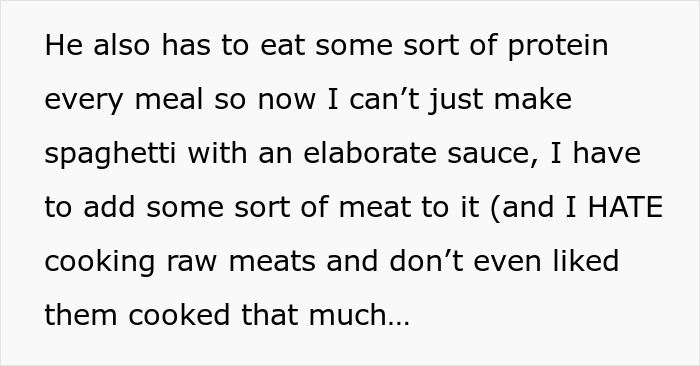 Text excerpt about cooking challenges involving protein requirements, highlighting mom-boyfriend-food-drama in meal preparation.