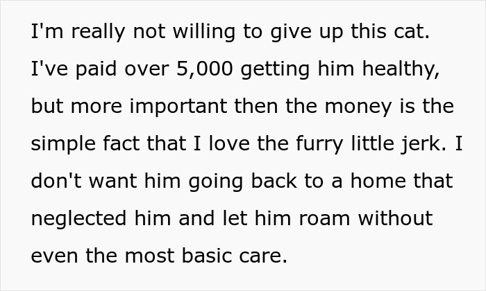 Alt text: Text expressing refusal to give up a lost cat who went from street survivor to family royalty despite demands from a scammy owner. Alt text: Text expressing refusal to give up a lost cat who went from street survivor to family royalty despite demands from a scammy owner.