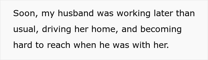 Text excerpt showing a wife describing her husband working late and driving a female colleague home, raising concerns about their relationship.