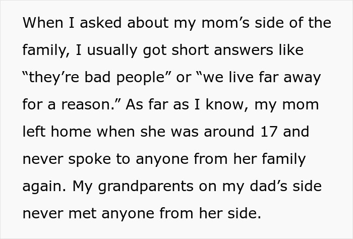 Text excerpt discussing a woman’s family history and strained relations on her mom’s side of the family. Text excerpt discussing a woman’s family history and strained relations on her mom’s side of the family.