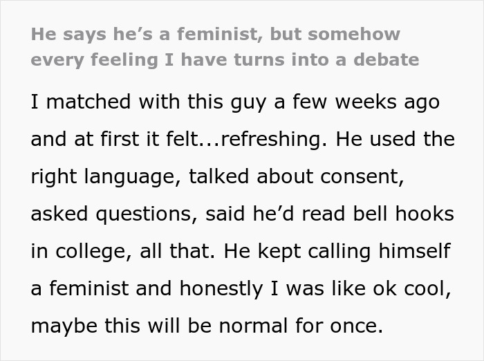 Text excerpt describing a woman’s experience with a man who turns every boundary into a therapy battle.