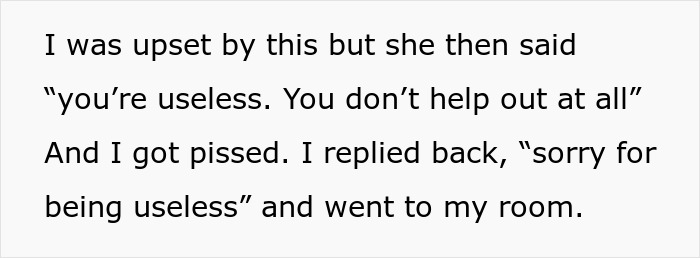 Text excerpt showing a 20-year-old expressing frustration and burnout from managing chores while attending school.