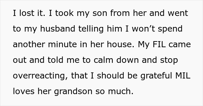 Text excerpt about a mom takes her baby and storming off from MIL's house after a feeding takeover Text excerpt about a mom takes her baby and storming off from MIL's house after a feeding takeover