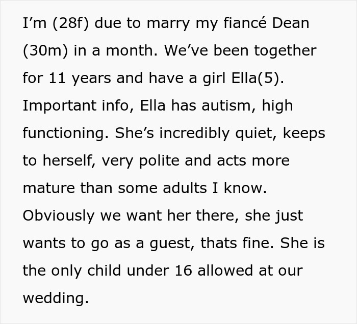 Text excerpt about bride-to-be addressing autism and child guest policy amid family wedding disputes.