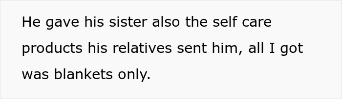 Text complaining about only getting blankets while husband use cancer diagnosis as excuse to give sister self-care gifts