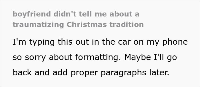 Text message on phone screen about a woman caught in a boyfriend&rsquo;s family traumatizing Christmas tradition triggering childhood trauma.