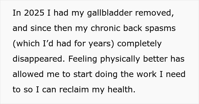 Text excerpt on a white background discussing health improvement after gallbladder removal and reclaiming autonomy.