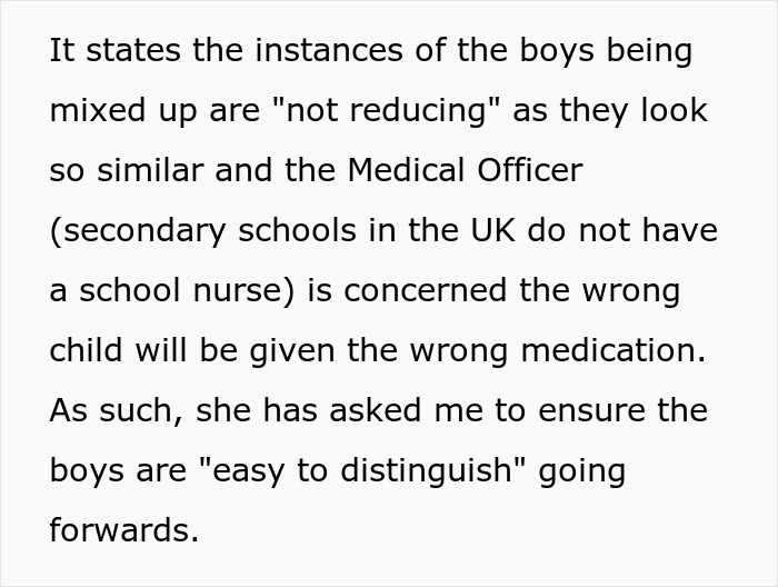 Text discussing a parent refusing to make their twins less similar for easier school distinction despite medical concerns.