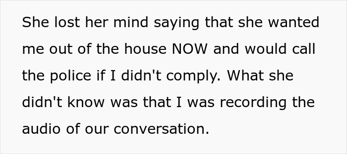 Text on white background describing a recorded conversation that exposes a woman’s award winning act in court.