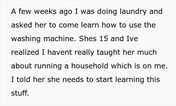 Text about a mom teaching her 15-year-old daughter chores, highlighting annoyed mom and doing chores behavior.