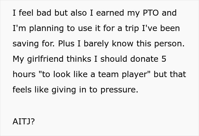 Man explaining why he refuses to donate PTO hours to a colleague despite workplace pressure and guilt.