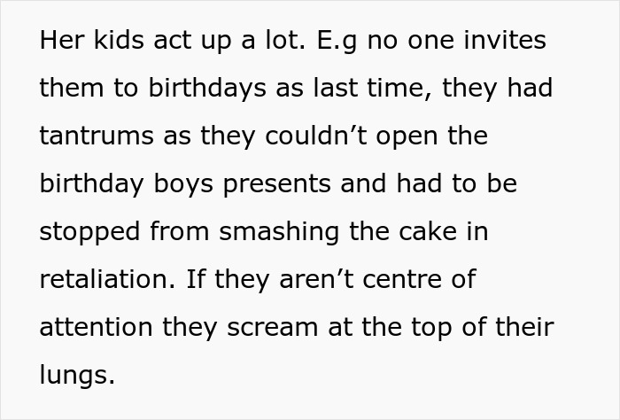 Text describing mom&rsquo;s sister&rsquo;s unruly kids causing tantrums and disruptions at birthday parties, impacting wedding plans.