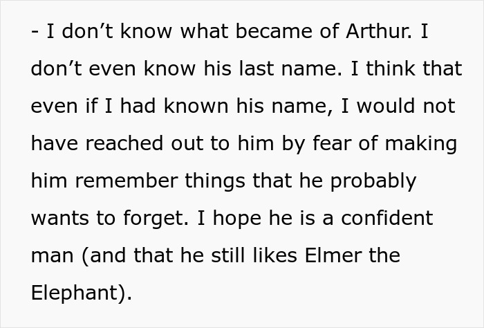 Text excerpt reflecting a guy laughing about bullying another guy as a teen, with a girlfriend doing an uno-reverse and dumping him.