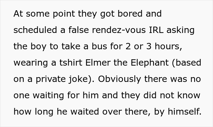 Text describing a false rendezvous prank involving a boy waiting alone wearing an Elmer the Elephant tshirt. Text describing a false rendezvous prank involving a boy waiting alone wearing an Elmer the Elephant tshirt.
